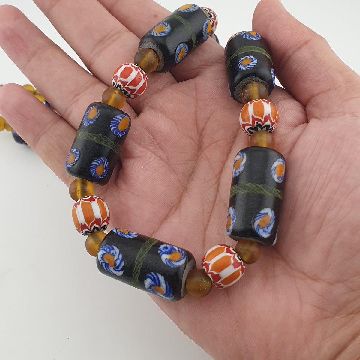 Vintage Venetian Style Cylinder Shape Floral Glass Beads Necklace