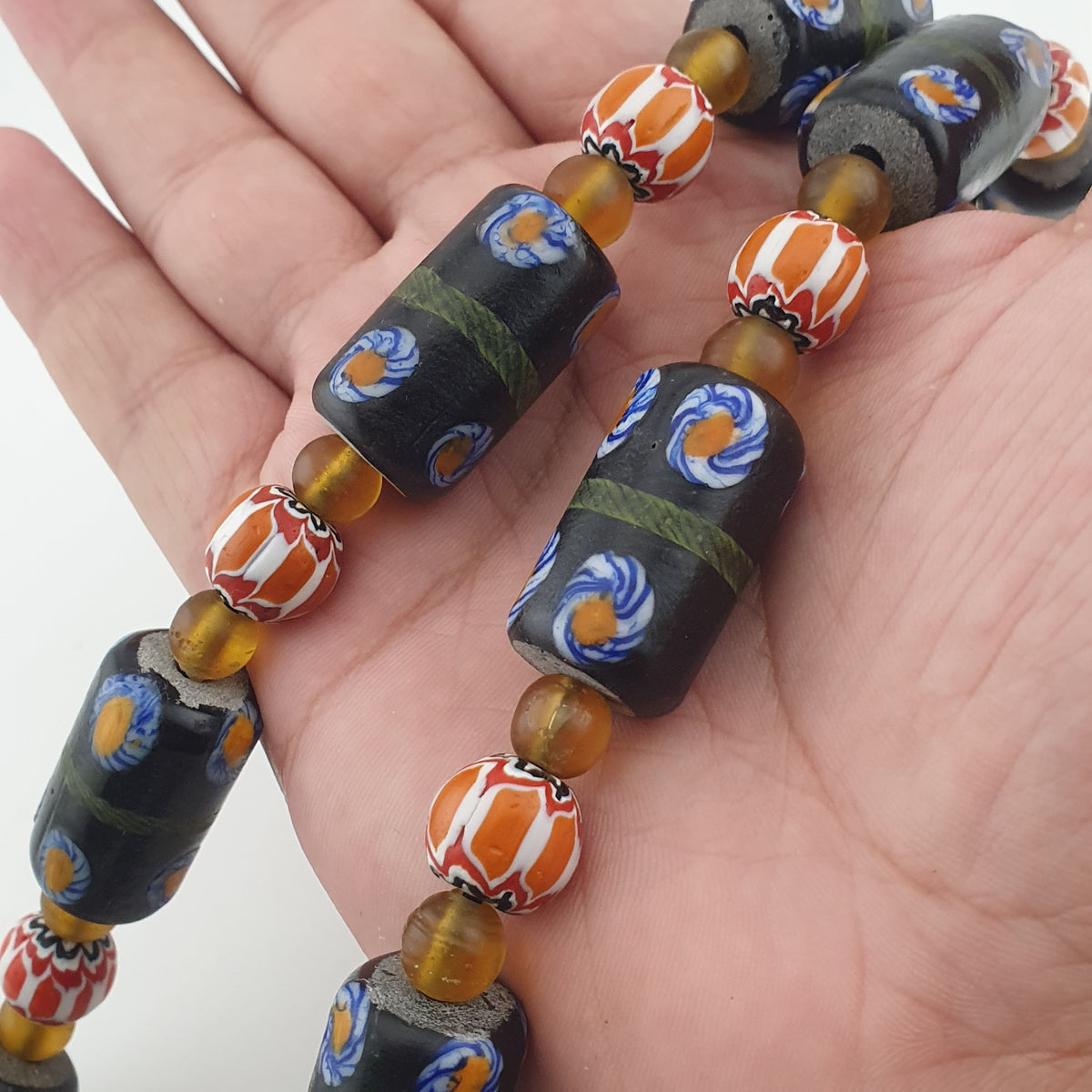 Vintage Venetian Style Cylinder Shape Floral Glass Beads Necklace