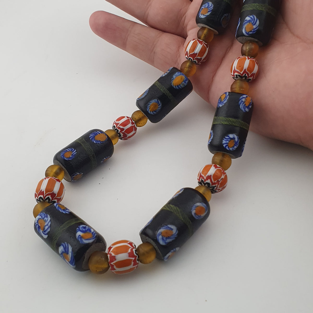 Vintage Venetian Style Cylinder Shape Floral Glass Beads Necklace