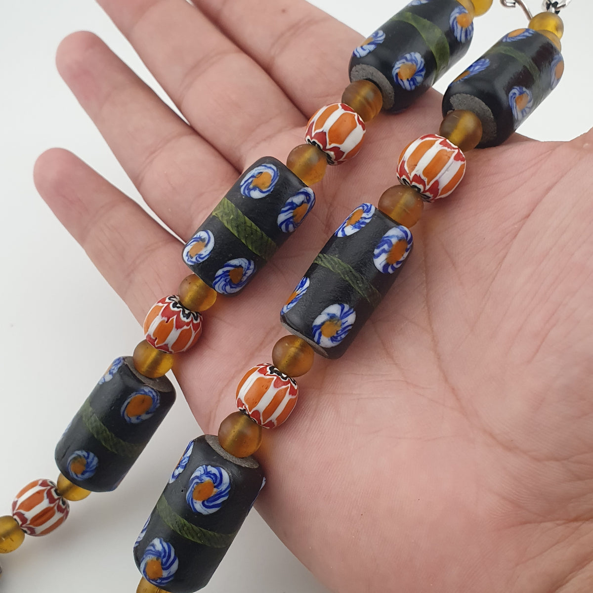 Vintage Venetian Style Cylinder Shape Floral Glass Beads Necklace