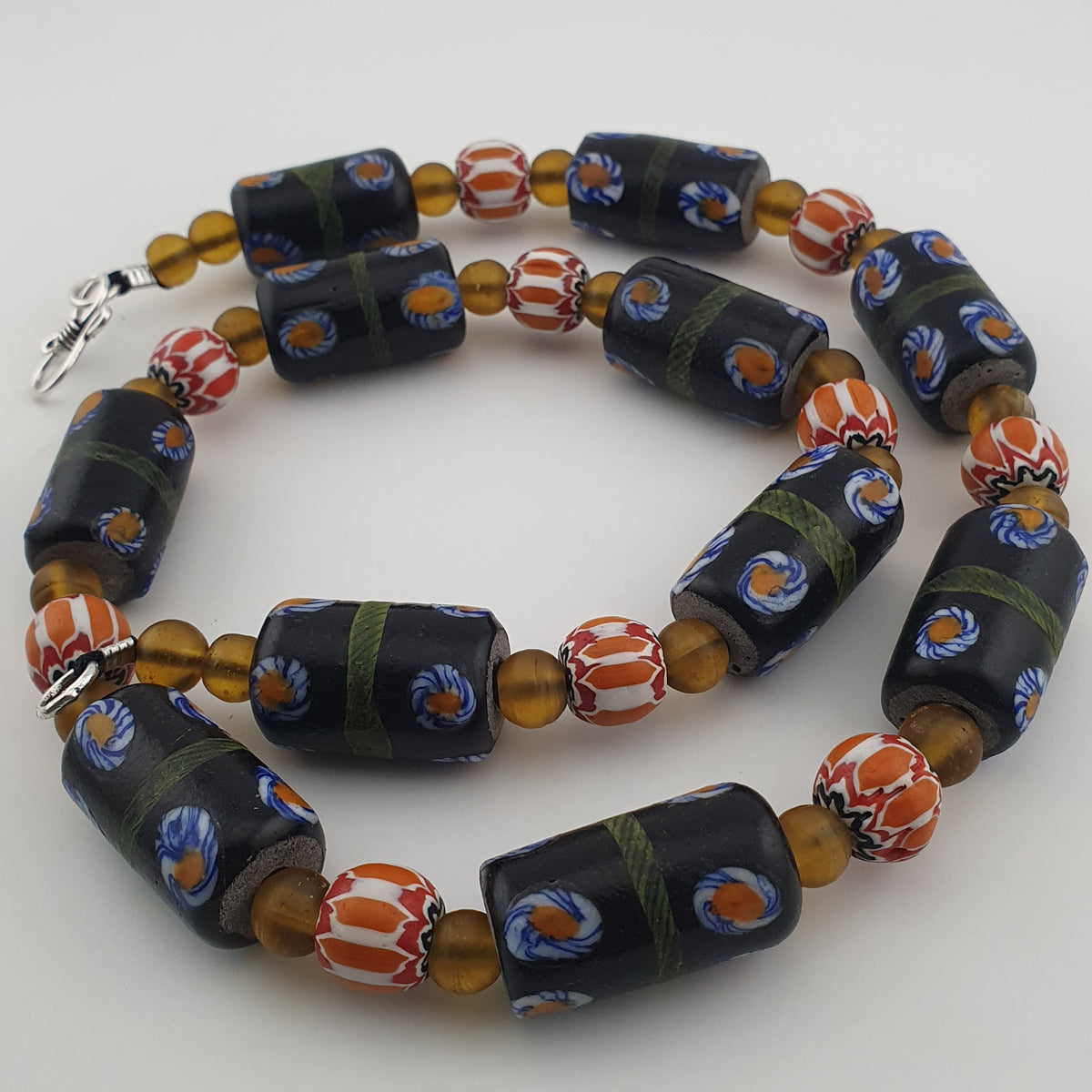 Vintage Venetian Style Cylinder Shape Floral Glass Beads Necklace