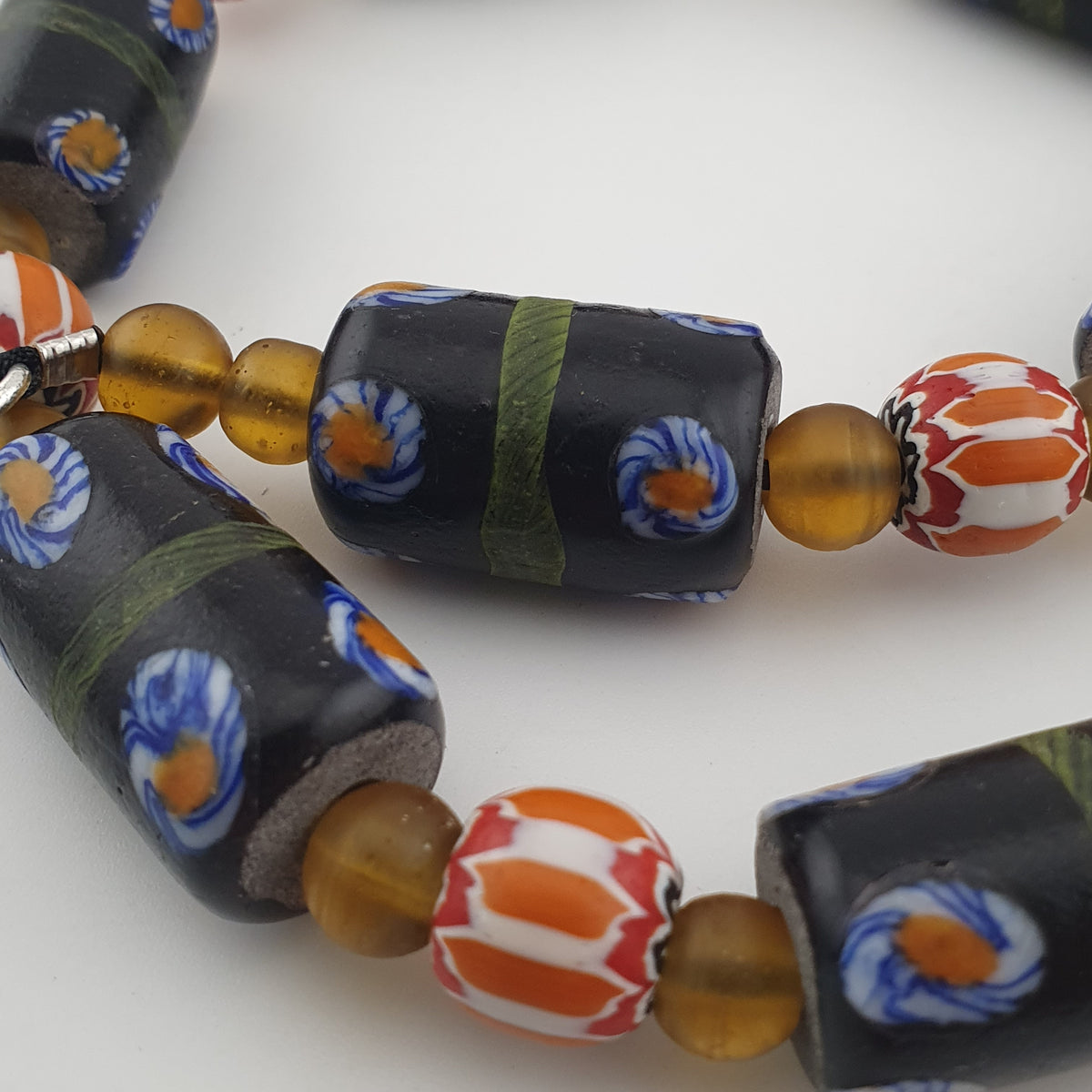 Vintage Venetian Style Cylinder Shape Floral Glass Beads Necklace