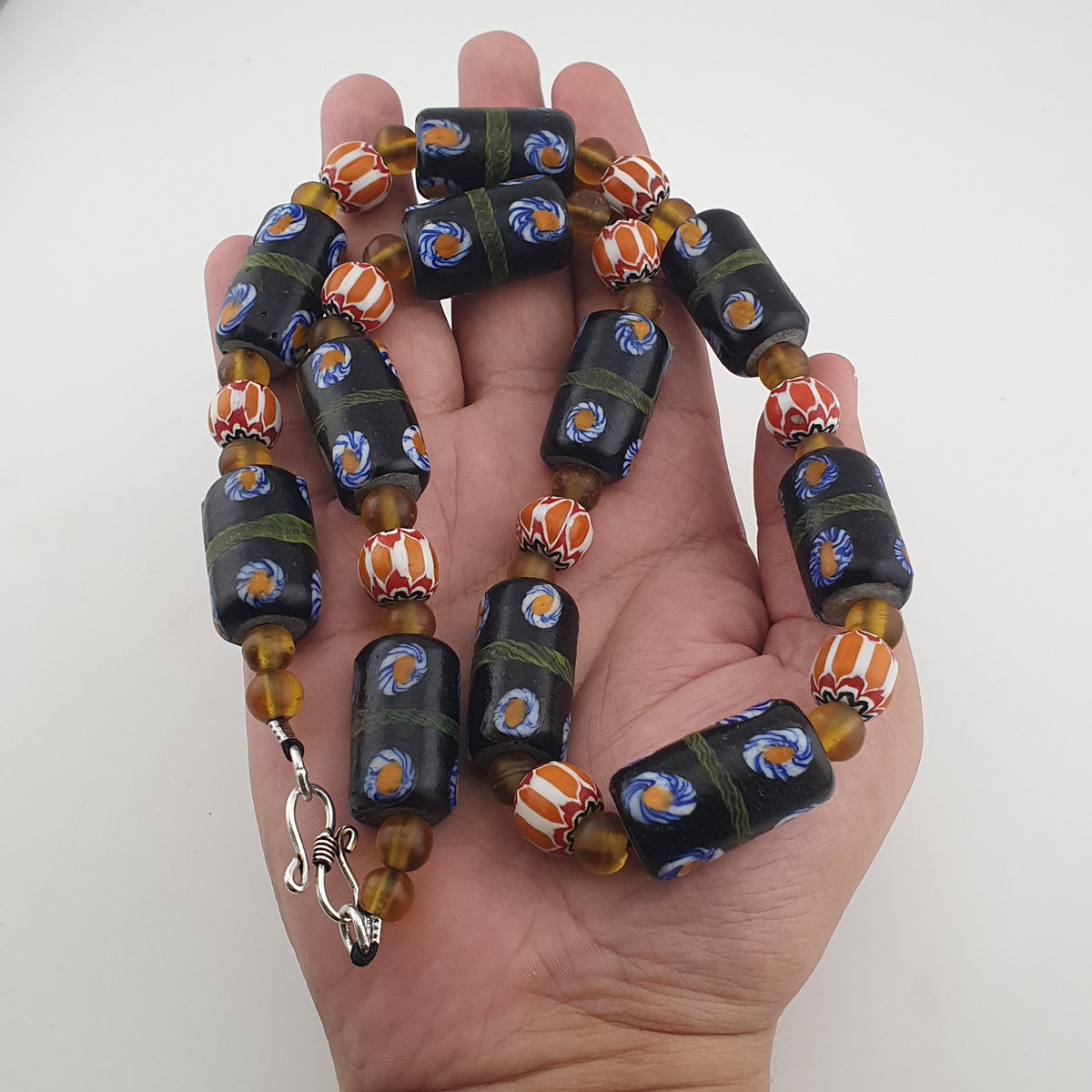 Vintage Venetian Style Cylinder Shape Floral Glass Beads Necklace