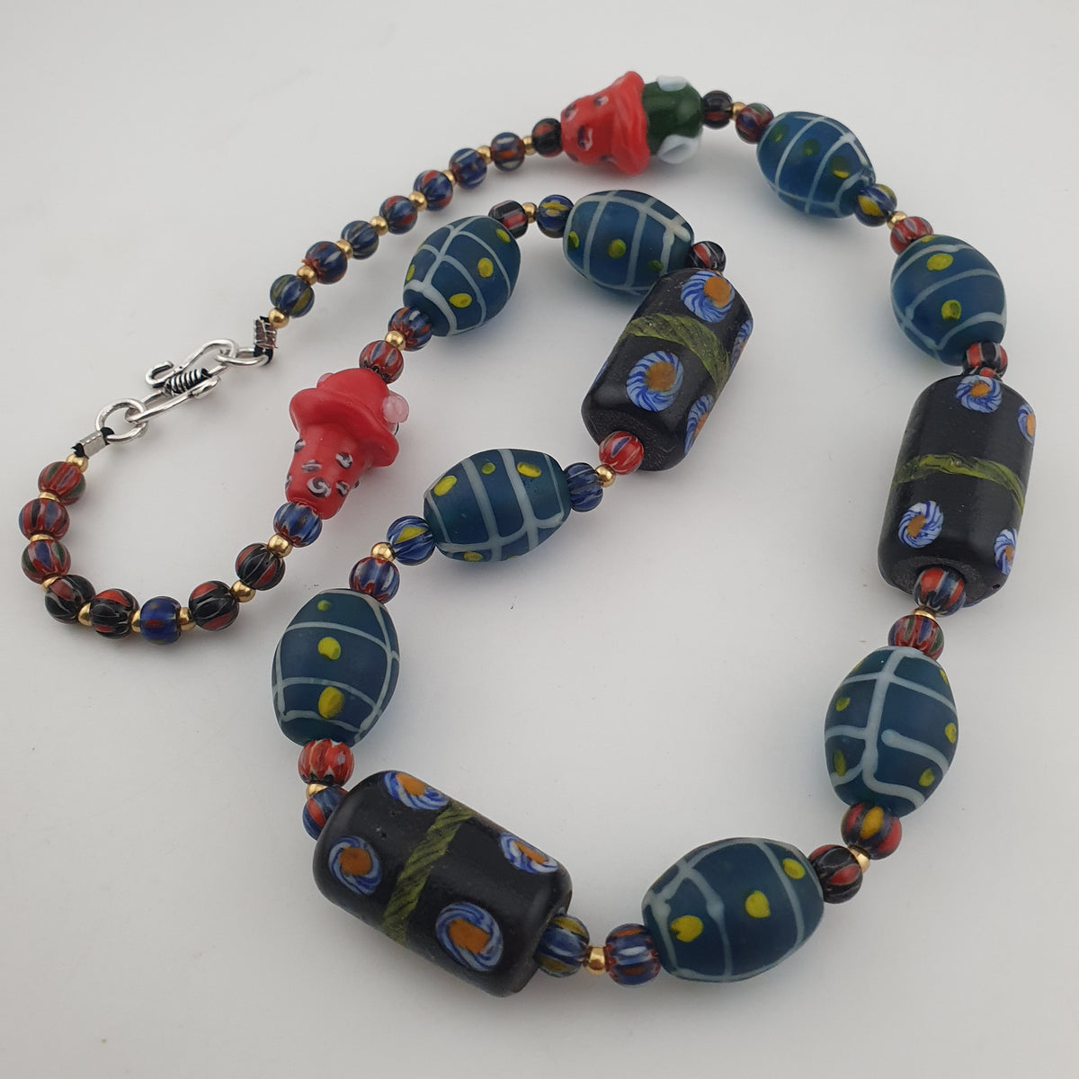 Vintage Venetian Style Mix Floral & Eyes Handmade with Face Glass Beads Necklace