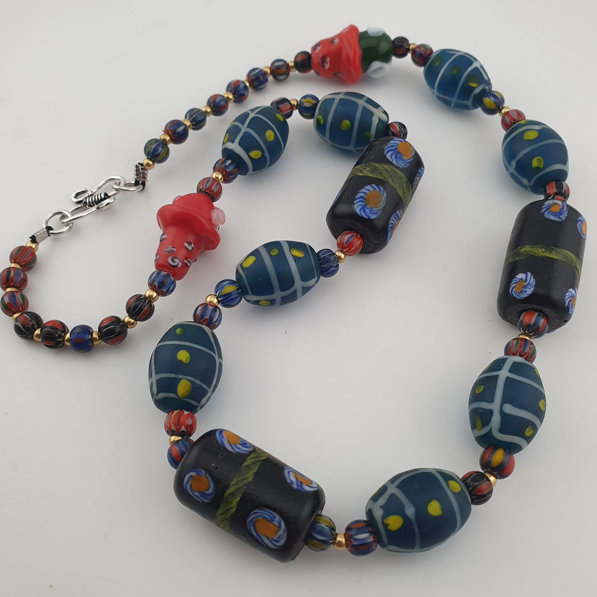 Vintage Venetian Style Mix Floral & Eyes Handmade with Face Glass Beads Necklace