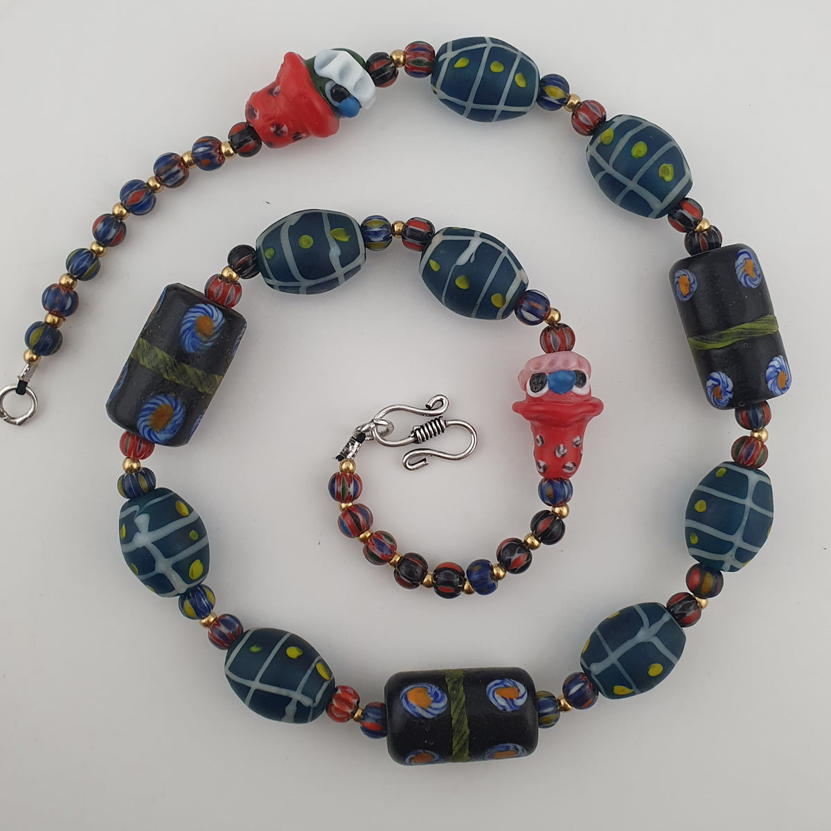 Vintage Venetian Style Mix Floral & Eyes Handmade with Face Glass Beads Necklace