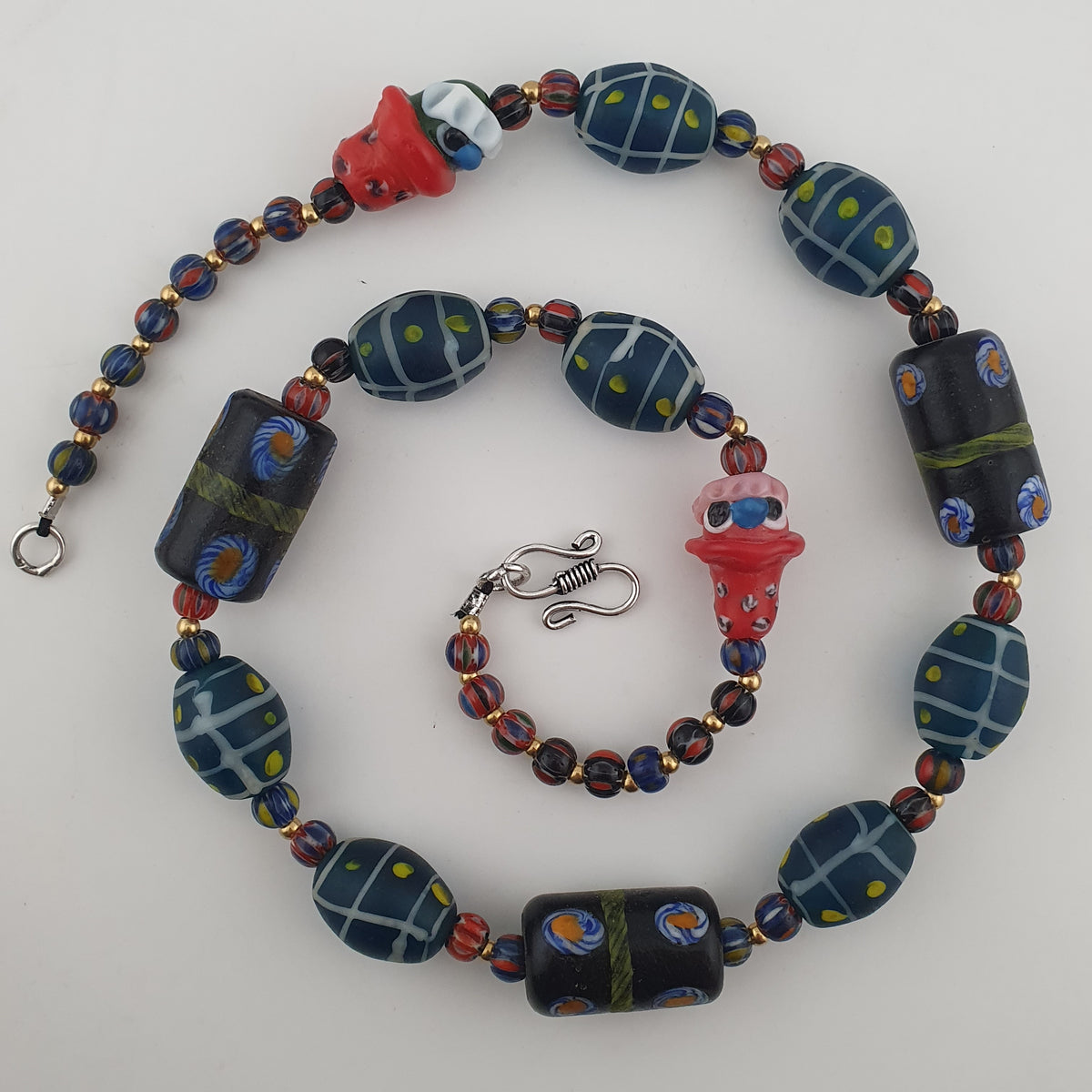 Vintage Venetian Style Mix Floral & Eyes Handmade with Face Glass Beads Necklace