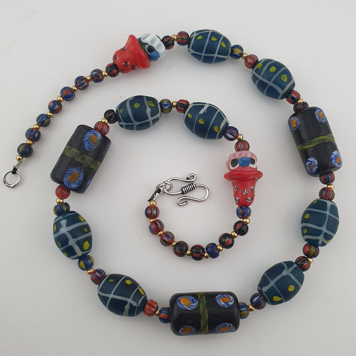Vintage Venetian Style Mix Floral & Eyes Handmade with Face Glass Beads Necklace