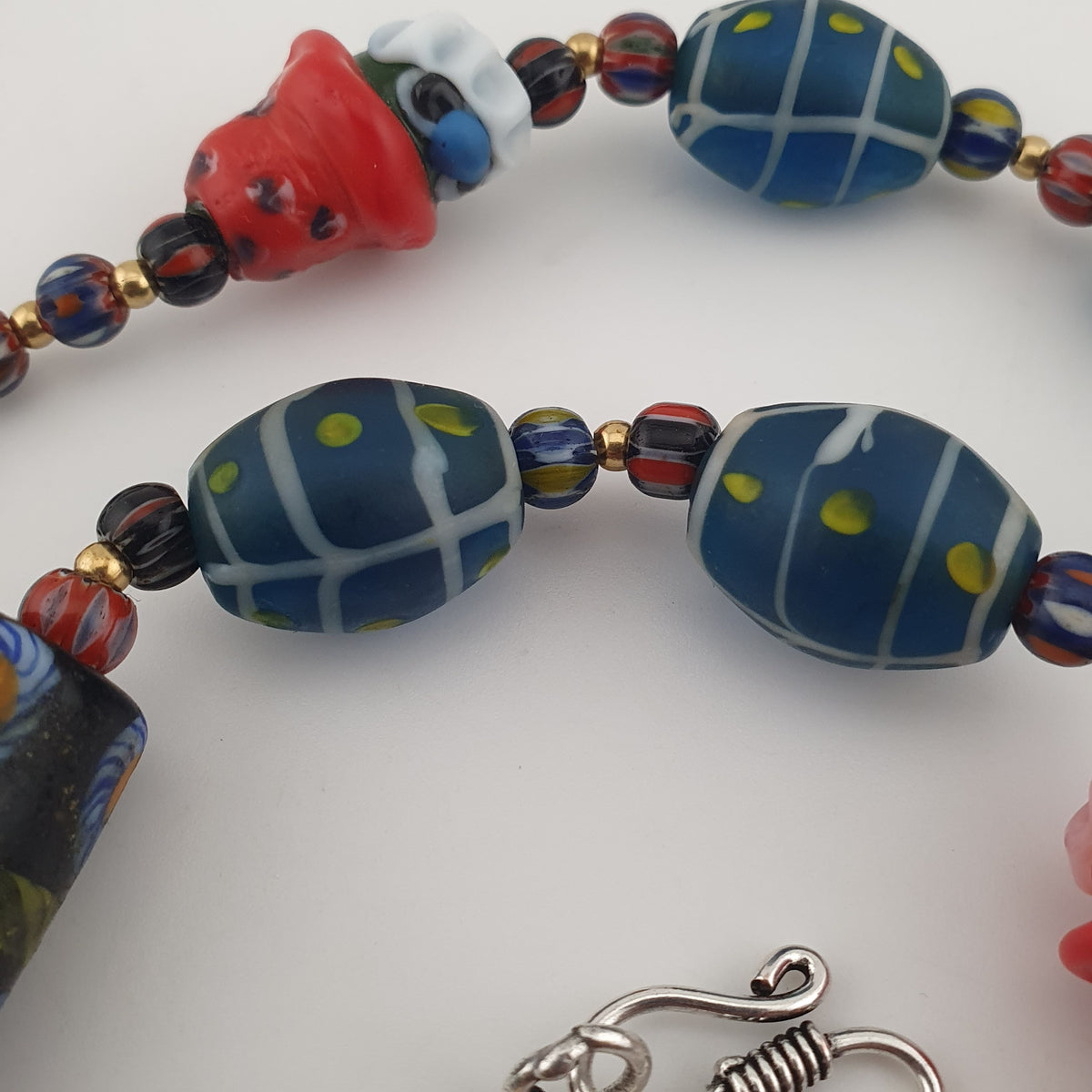 Vintage Venetian Style Mix Floral & Eyes Handmade with Face Glass Beads Necklace