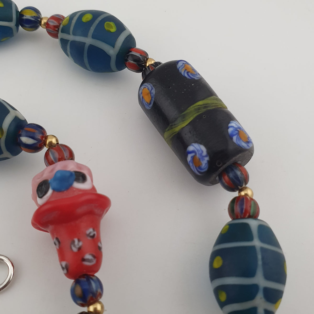 Vintage Venetian Style Mix Floral & Eyes Handmade with Face Glass Beads Necklace