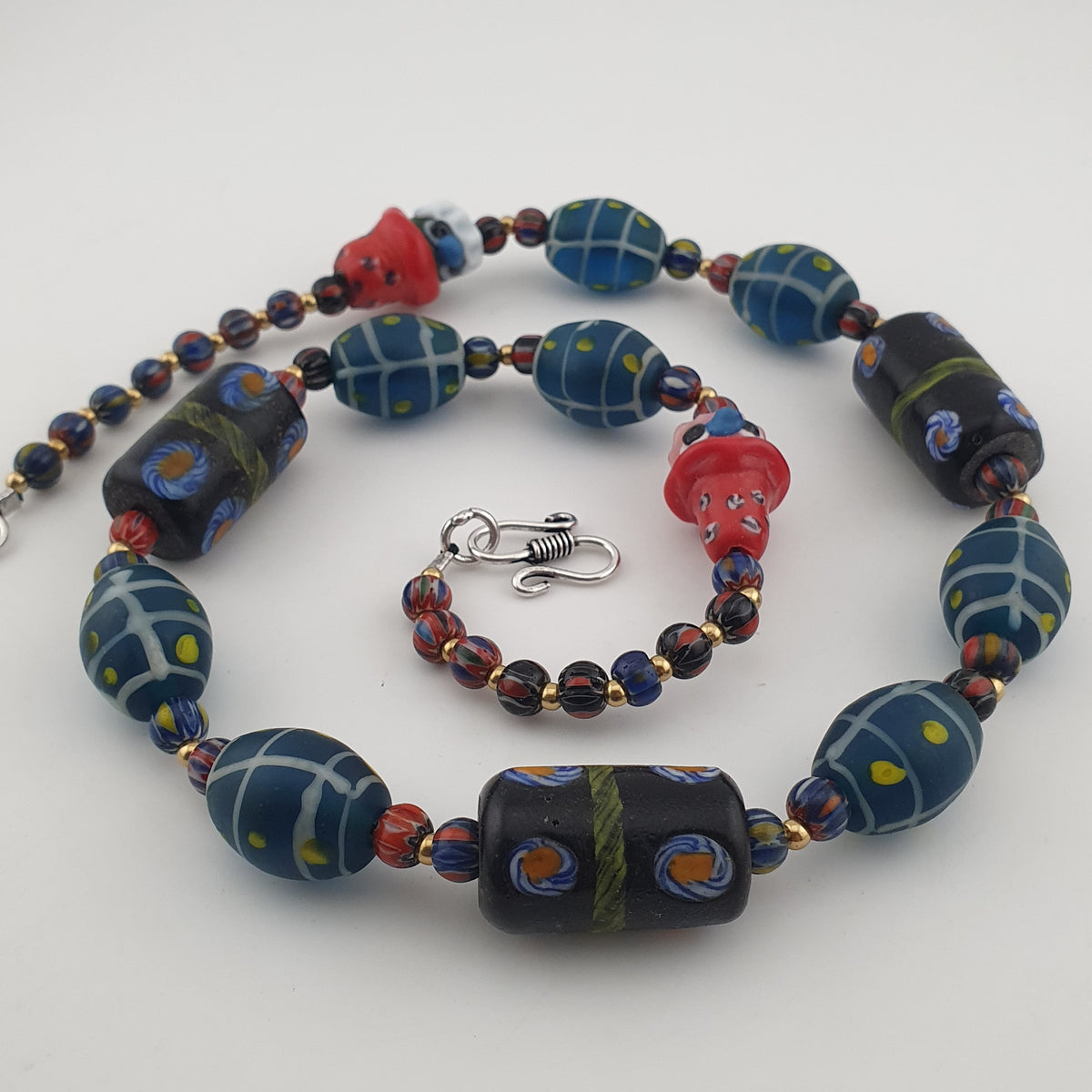 Vintage Venetian Style Mix Floral & Eyes Handmade with Face Glass Beads Necklace