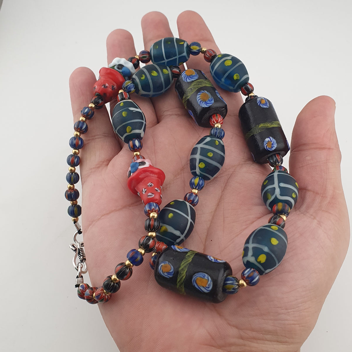 Vintage Venetian Style Mix Floral & Eyes Handmade with Face Glass Beads Necklace