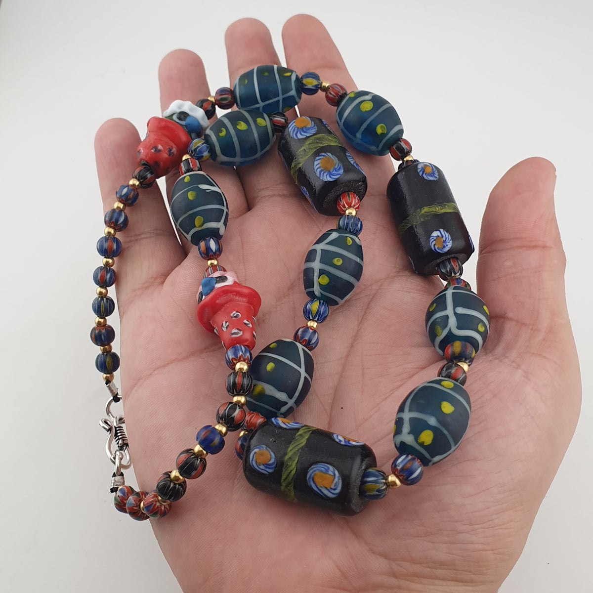 Vintage Venetian Style Mix Floral & Eyes Handmade with Face Glass Beads Necklace