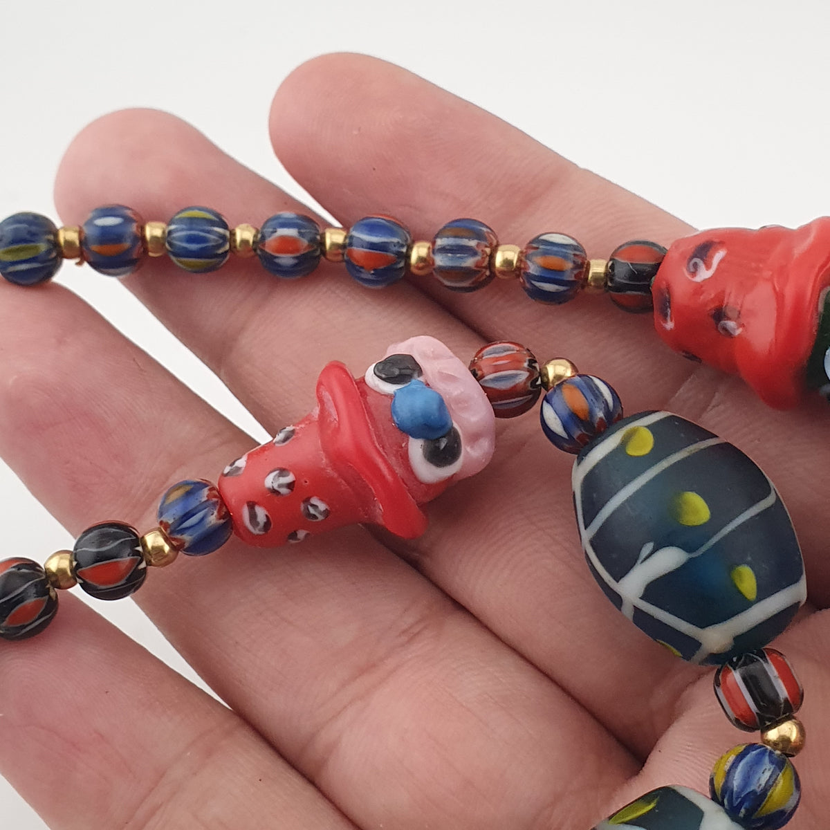 Vintage Venetian Style Mix Floral & Eyes Handmade with Face Glass Beads Necklace