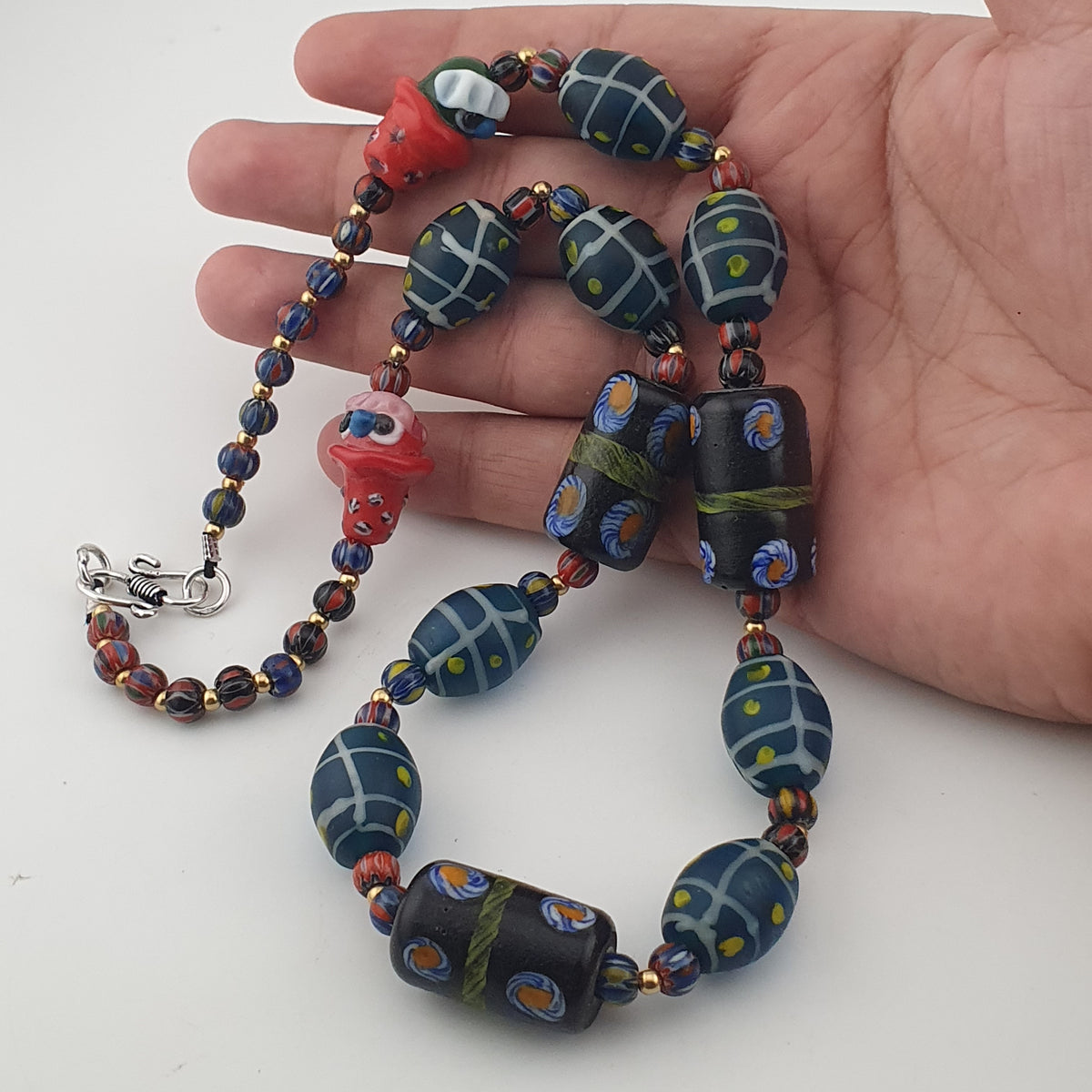 Vintage Venetian Style Mix Floral & Eyes Handmade with Face Glass Beads Necklace