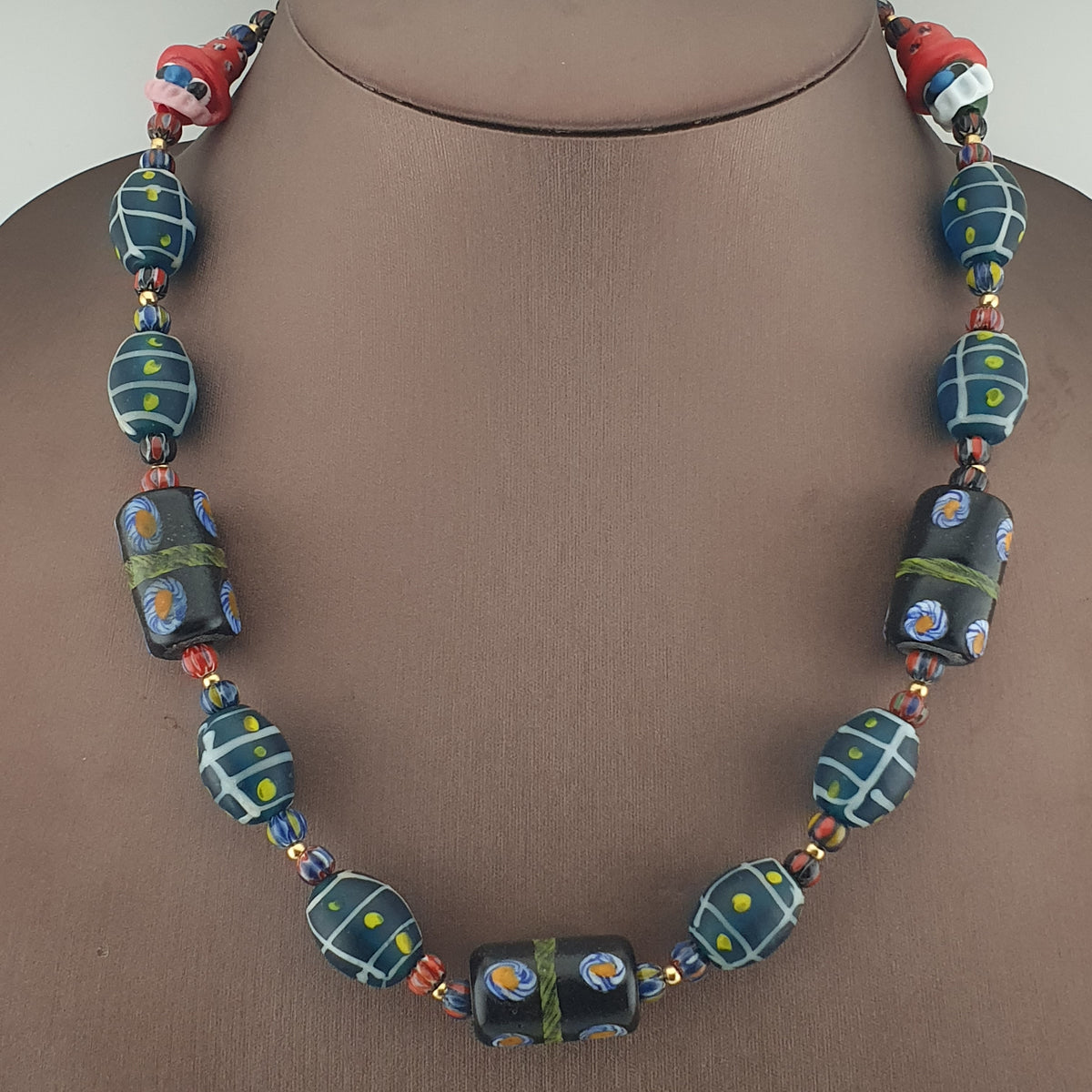 Vintage Venetian Style Mix Floral & Eyes Handmade with Face Glass Beads Necklace