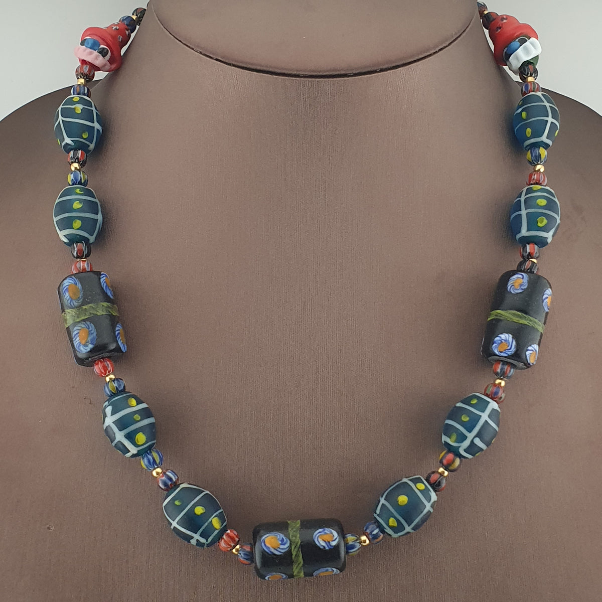 Vintage Venetian Style Mix Floral & Eyes Handmade with Face Glass Beads Necklace
