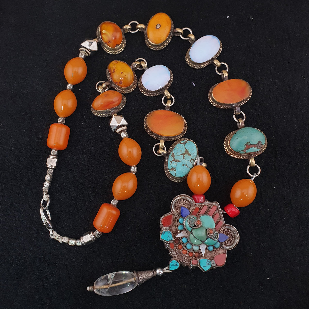 Antique Tibetan Style Turquoise & Carnelian Beads Necklace with SilverOld Face Design Pendant