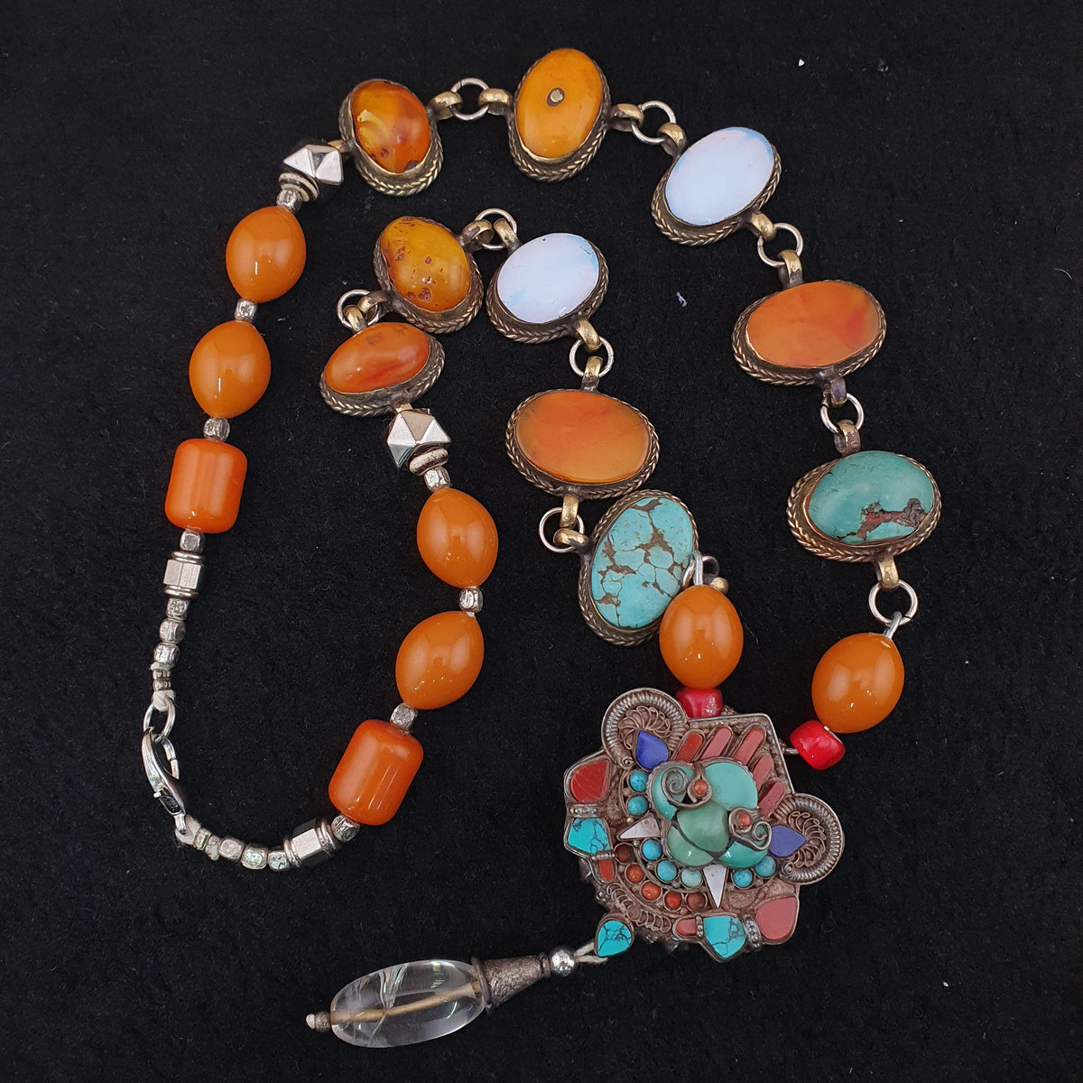 Antique Tibetan Style Turquoise & Carnelian Beads Necklace with SilverOld Face Design Pendant