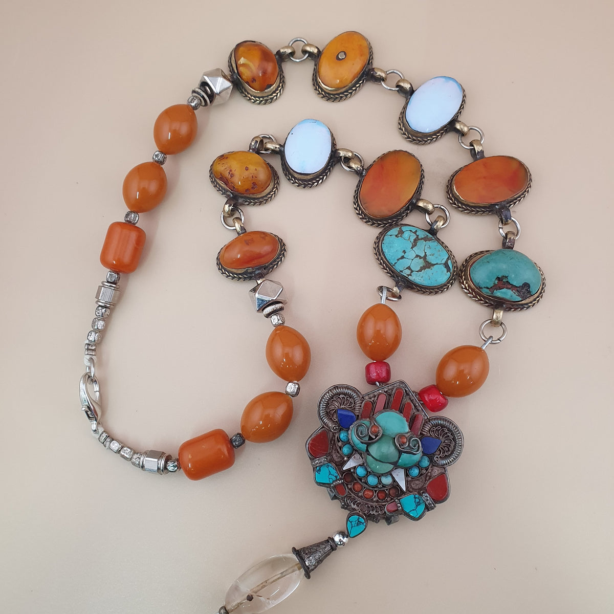 Antique Tibetan Style Turquoise & Carnelian Beads Necklace with SilverOld Face Design Pendant