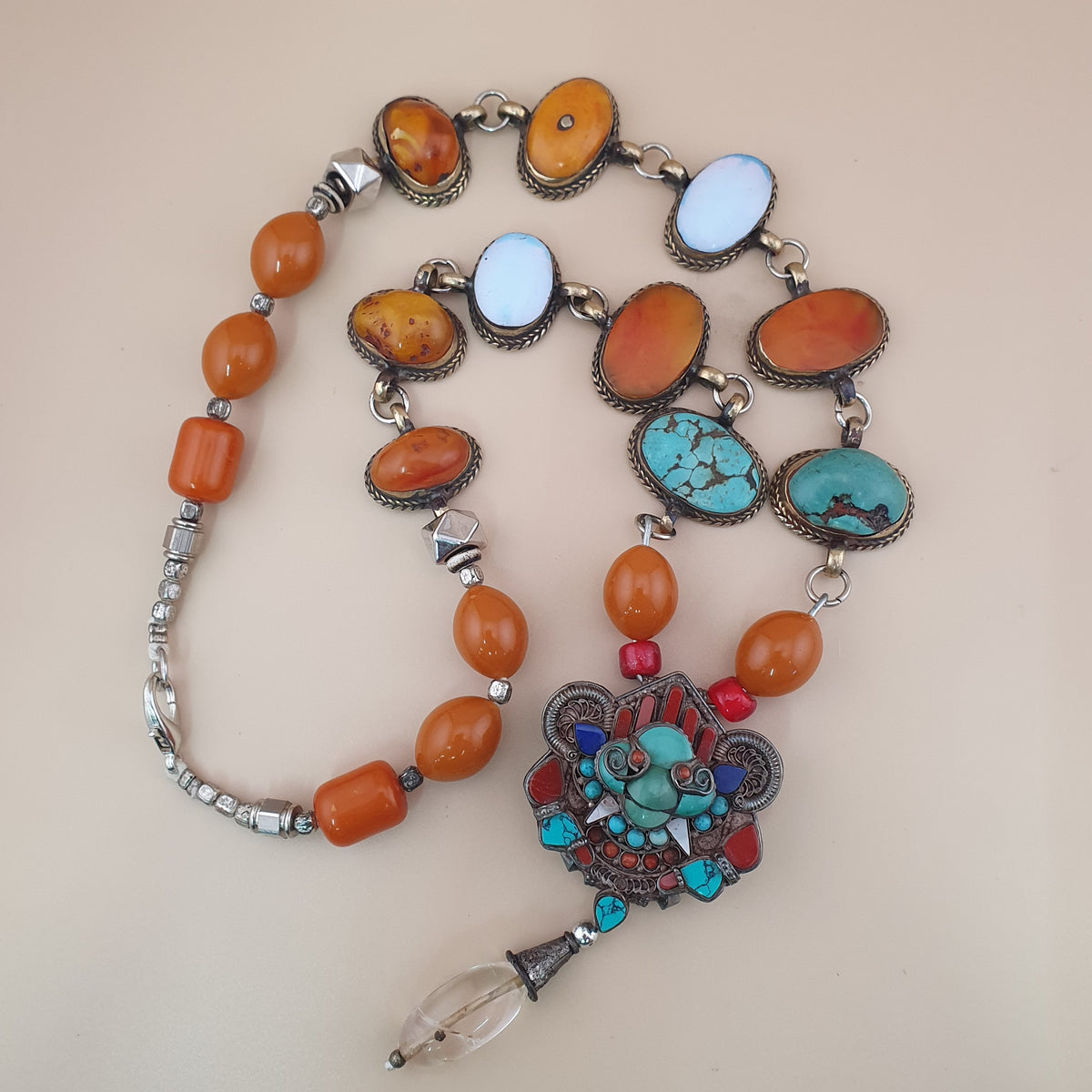 Antique Tibetan Style Turquoise & Carnelian Beads Necklace with SilverOld Face Design Pendant