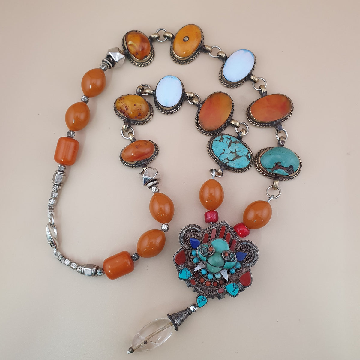 Antique Tibetan Style Turquoise & Carnelian Beads Necklace with SilverOld Face Design Pendant