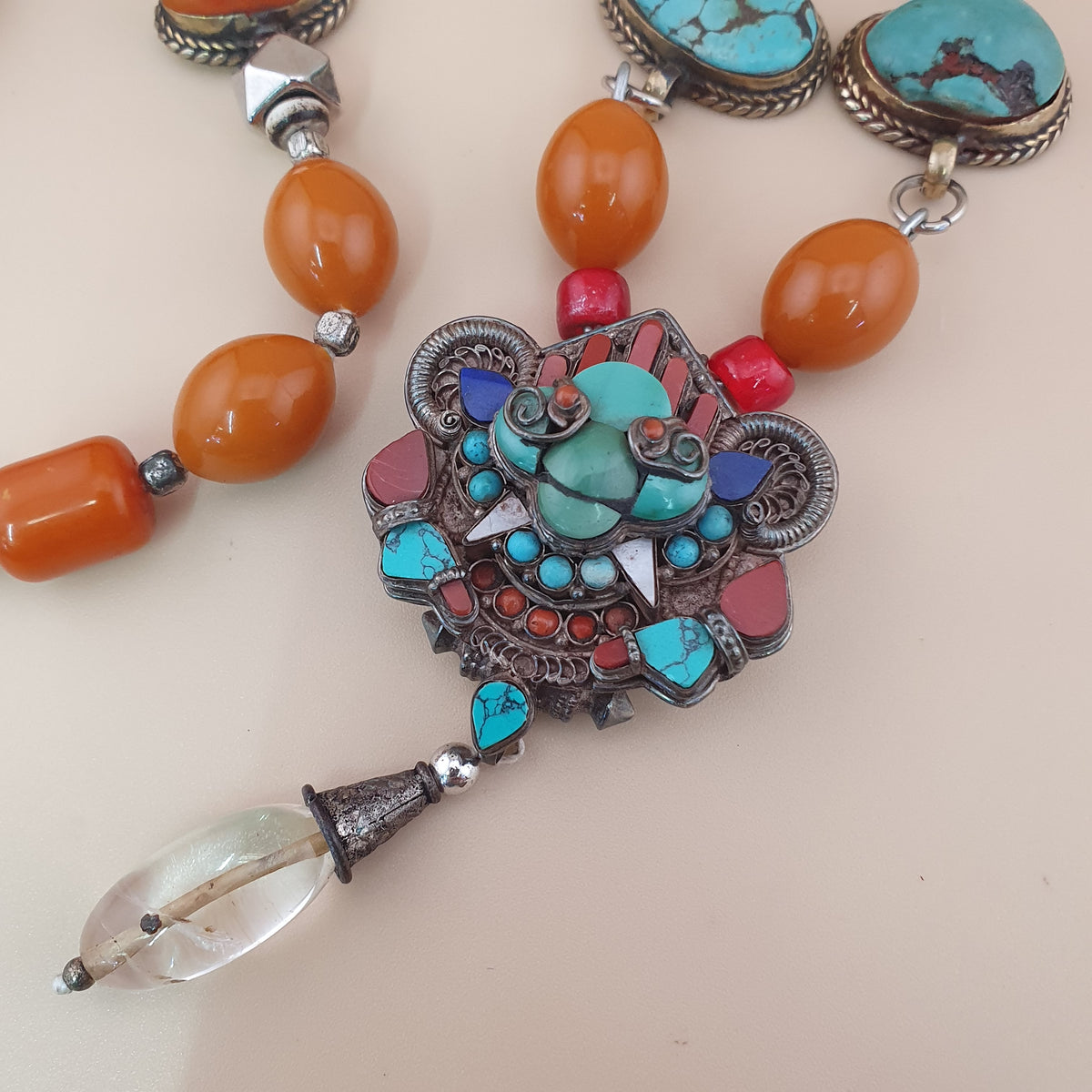 Antique Tibetan Style Turquoise & Carnelian Beads Necklace with SilverOld Face Design Pendant