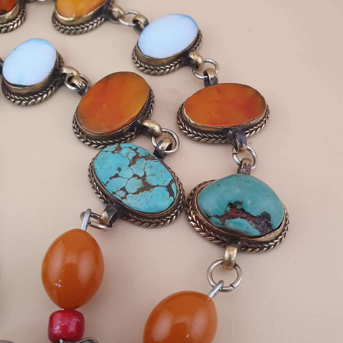 Antique Tibetan Style Turquoise & Carnelian Beads Necklace with SilverOld Face Design Pendant