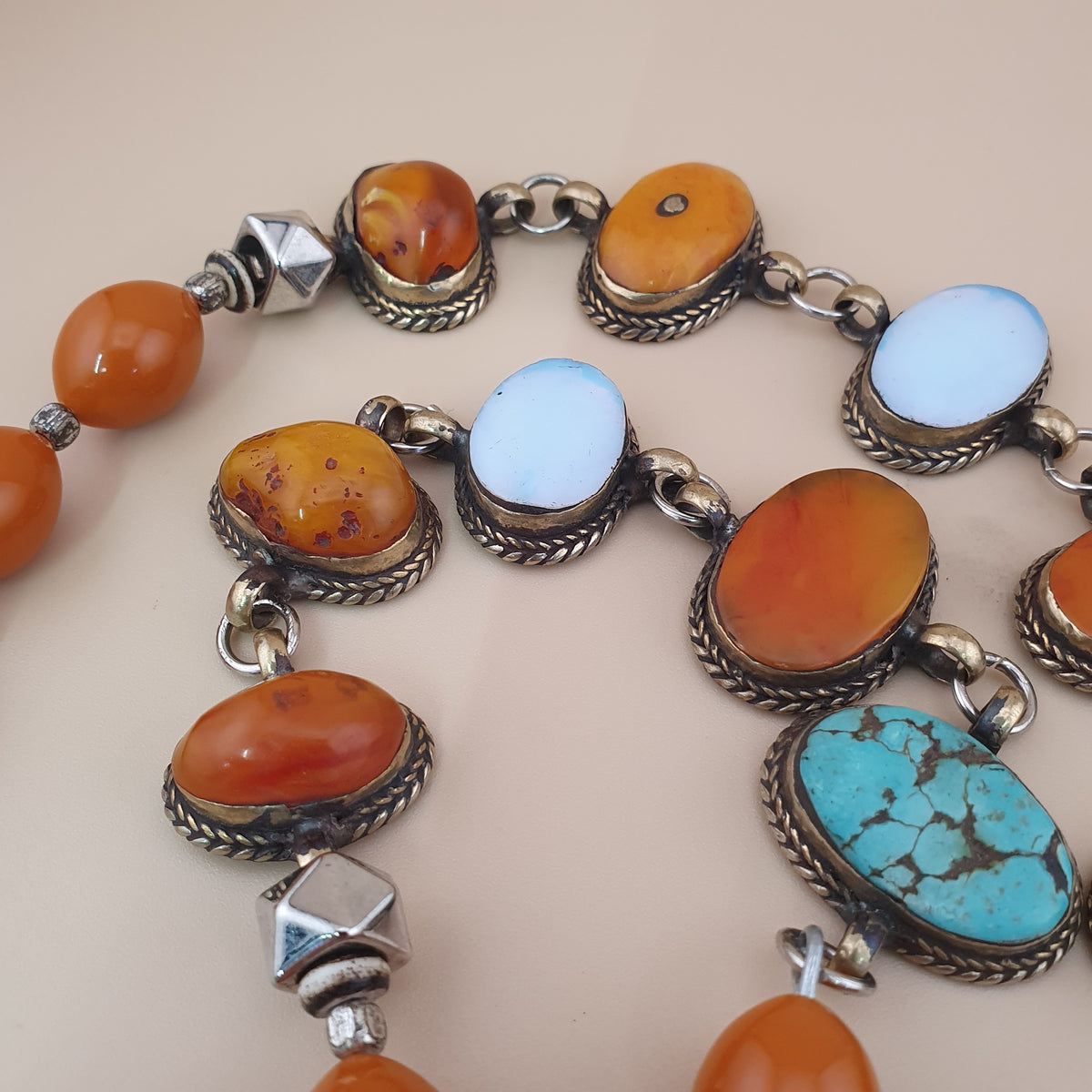 Antique Tibetan Style Turquoise & Carnelian Beads Necklace with SilverOld Face Design Pendant