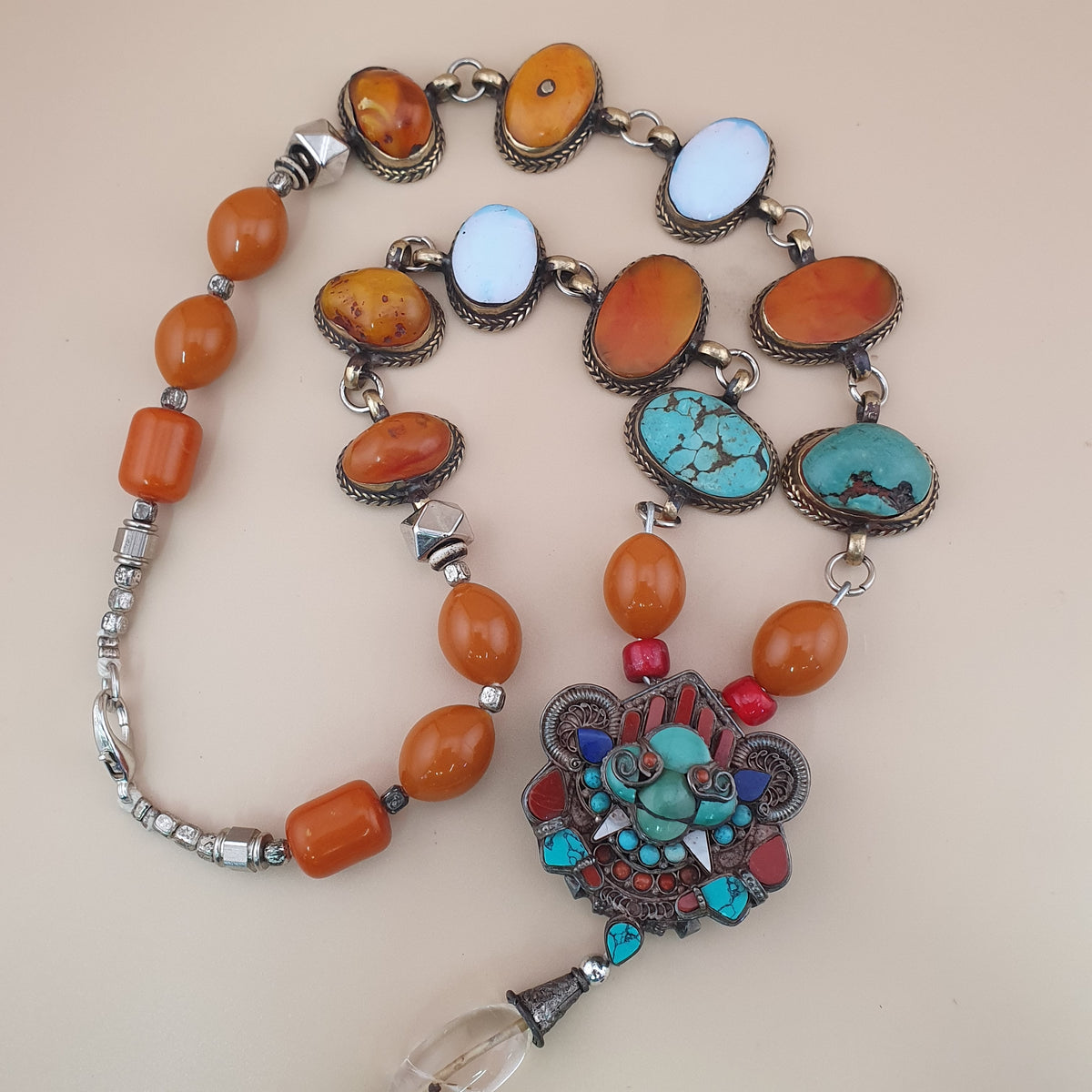Antique Tibetan Style Turquoise & Carnelian Beads Necklace with SilverOld Face Design Pendant
