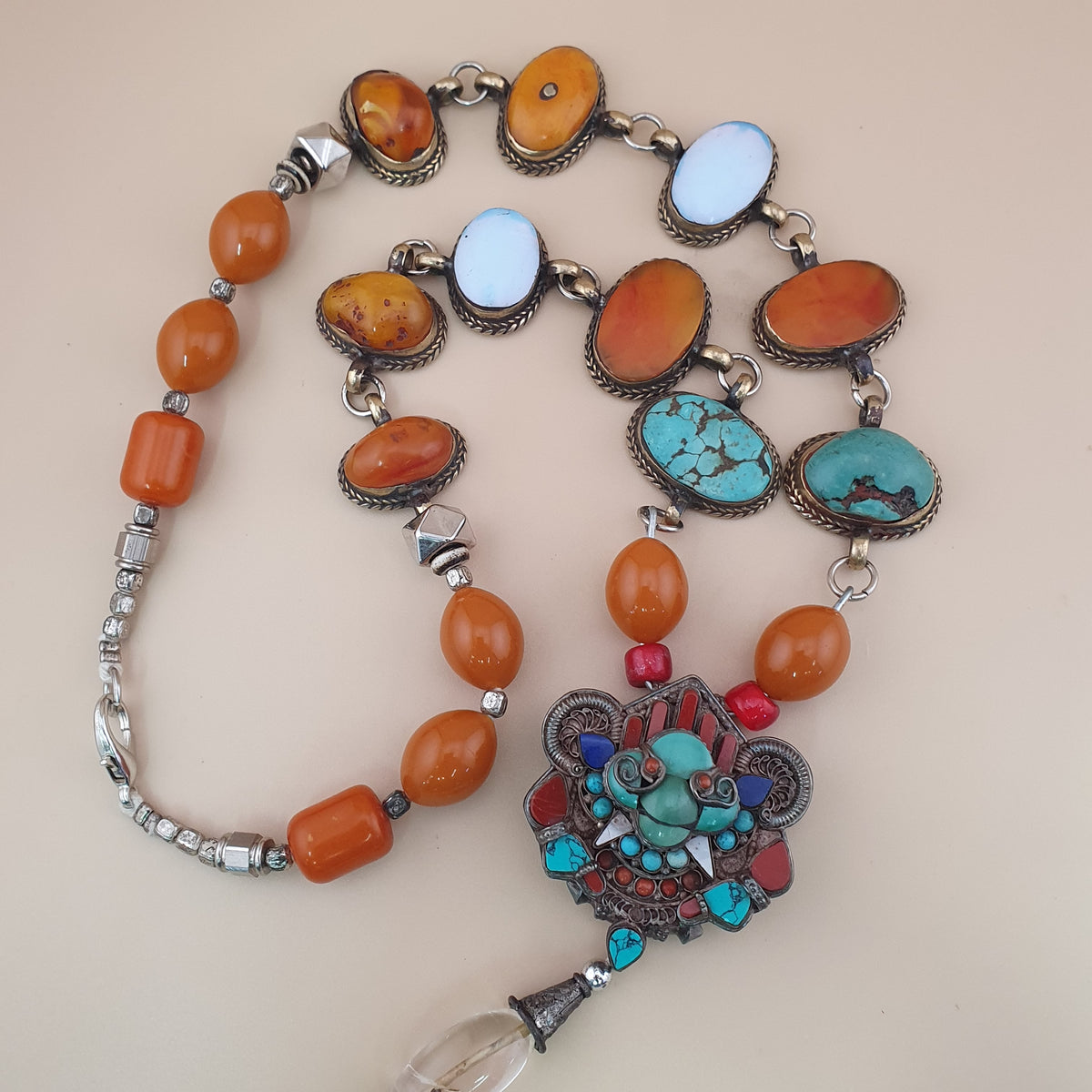Antique Tibetan Style Turquoise & Carnelian Beads Necklace with SilverOld Face Design Pendant
