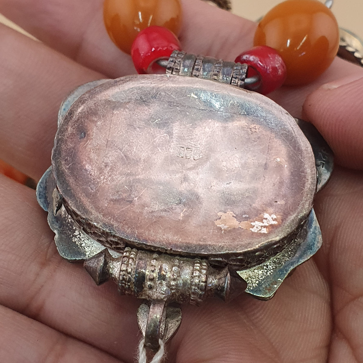 Antique Tibetan Style Turquoise & Carnelian Beads Necklace with SilverOld Face Design Pendant