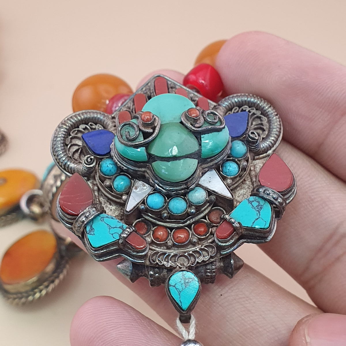 Antique Tibetan Style Turquoise & Carnelian Beads Necklace with SilverOld Face Design Pendant