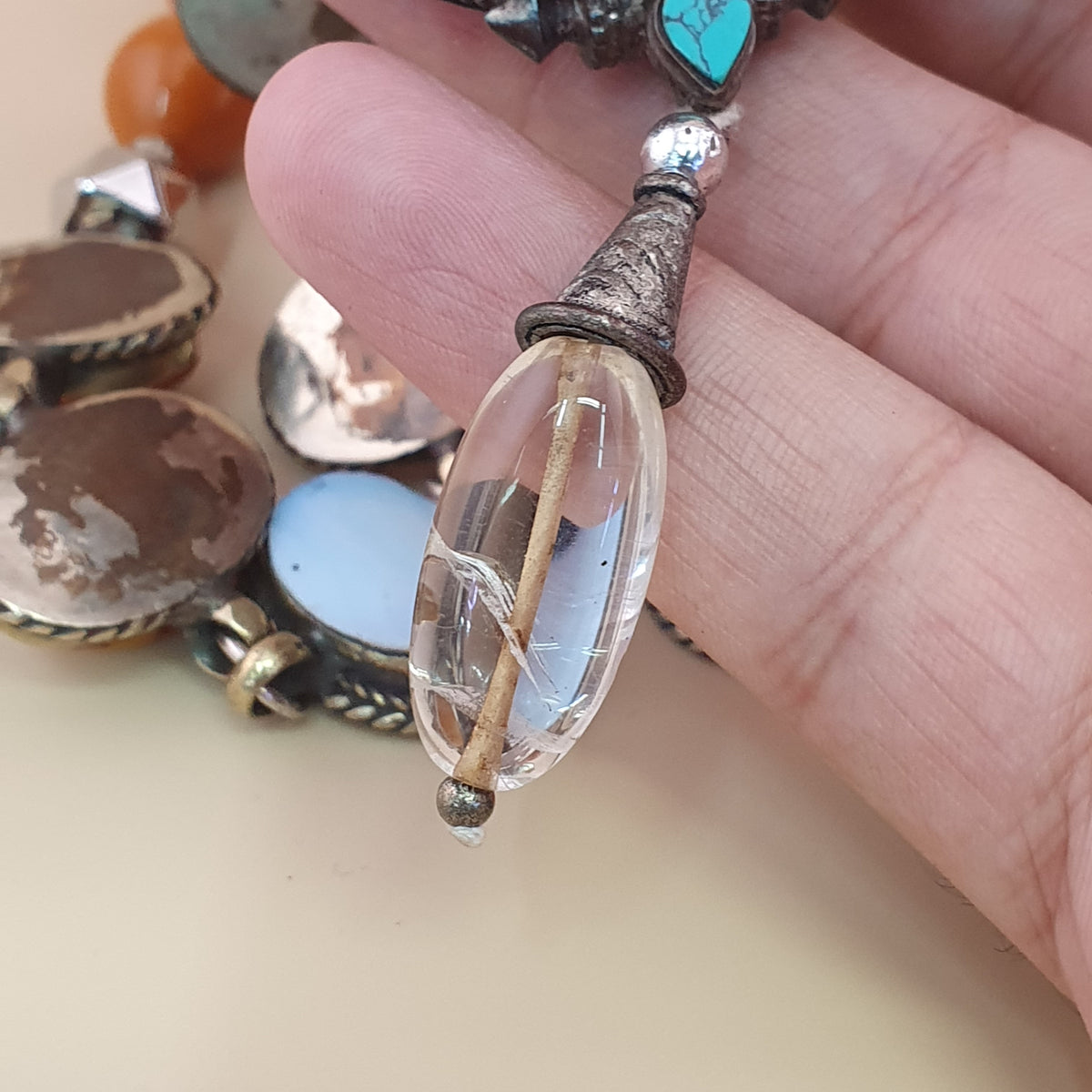 Antique Tibetan Style Turquoise & Carnelian Beads Necklace with SilverOld Face Design Pendant