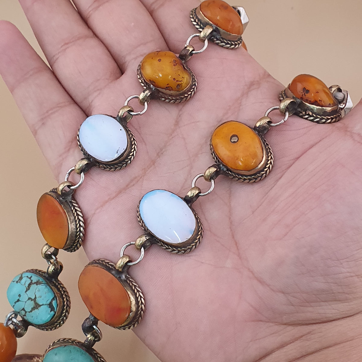 Antique Tibetan Style Turquoise & Carnelian Beads Necklace with SilverOld Face Design Pendant
