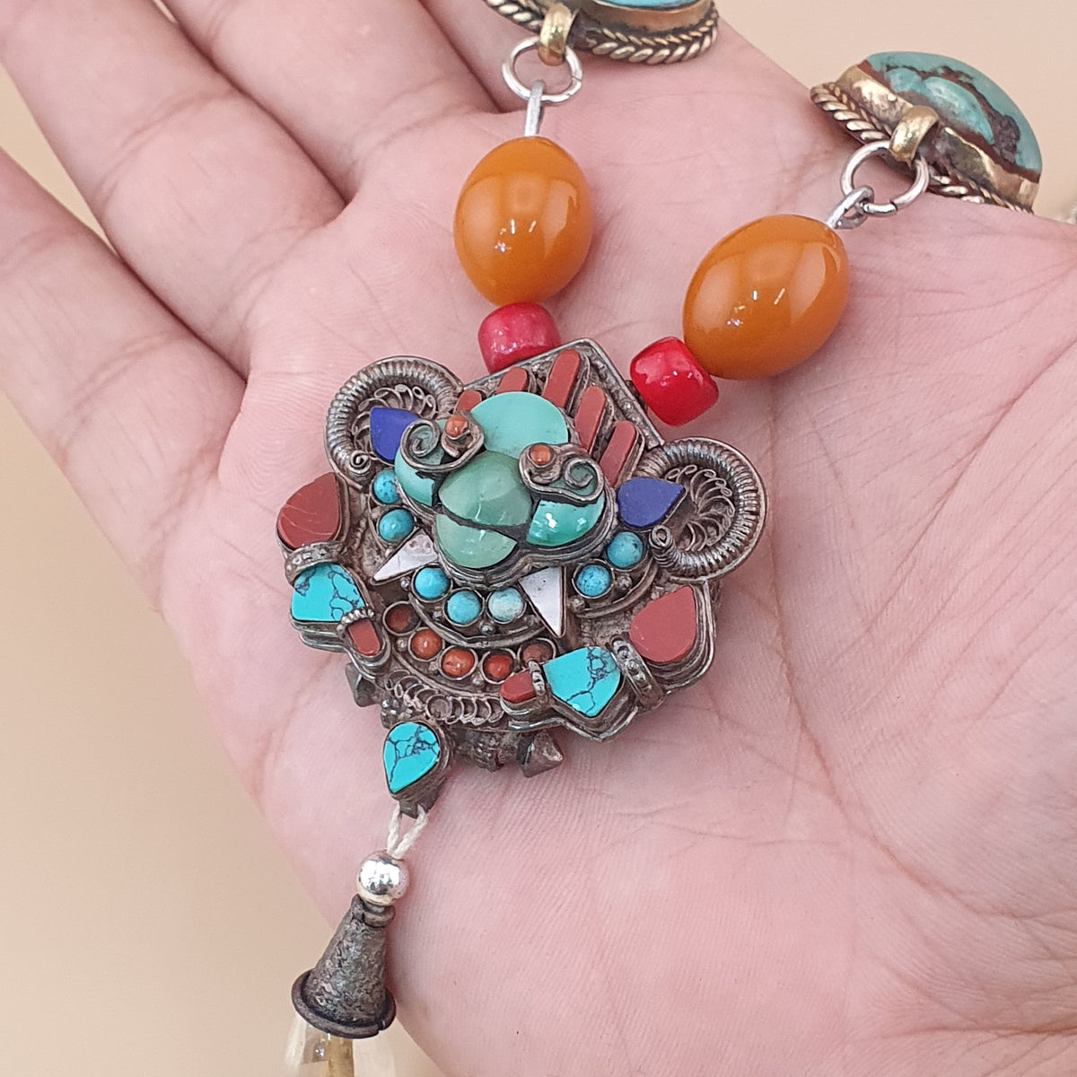 Antique Tibetan Style Turquoise & Carnelian Beads Necklace with SilverOld Face Design Pendant