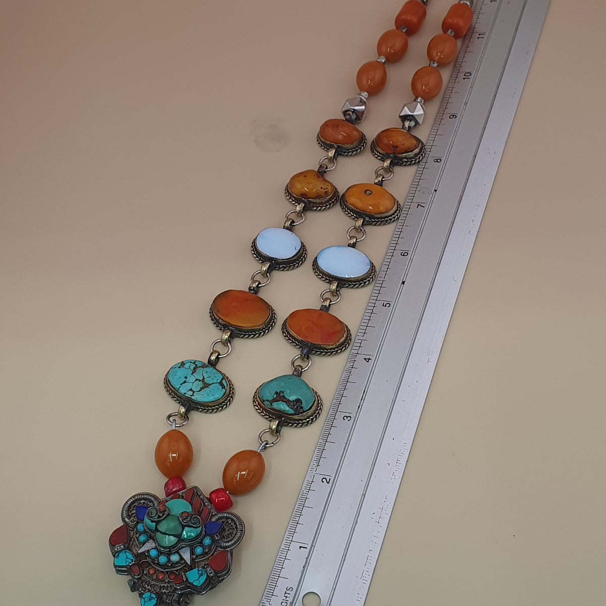 Antique Tibetan Style Turquoise & Carnelian Beads Necklace with SilverOld Face Design Pendant