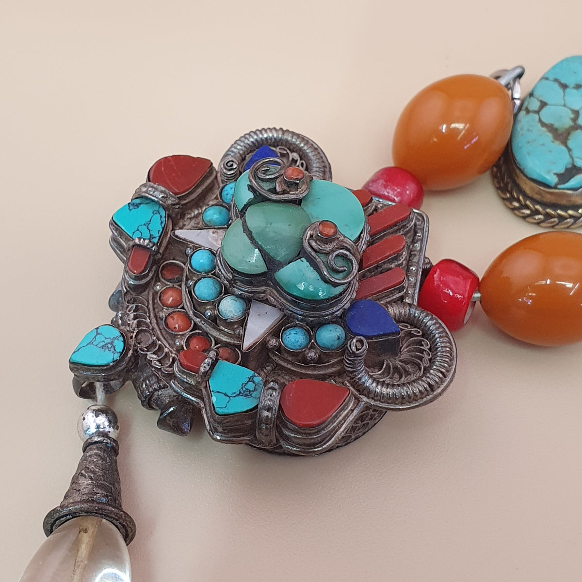 Antique Tibetan Style Turquoise & Carnelian Beads Necklace with SilverOld Face Design Pendant
