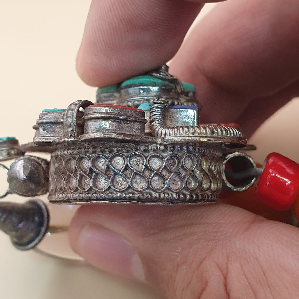 Antique Tibetan Style Turquoise & Carnelian Beads Necklace with SilverOld Face Design Pendant