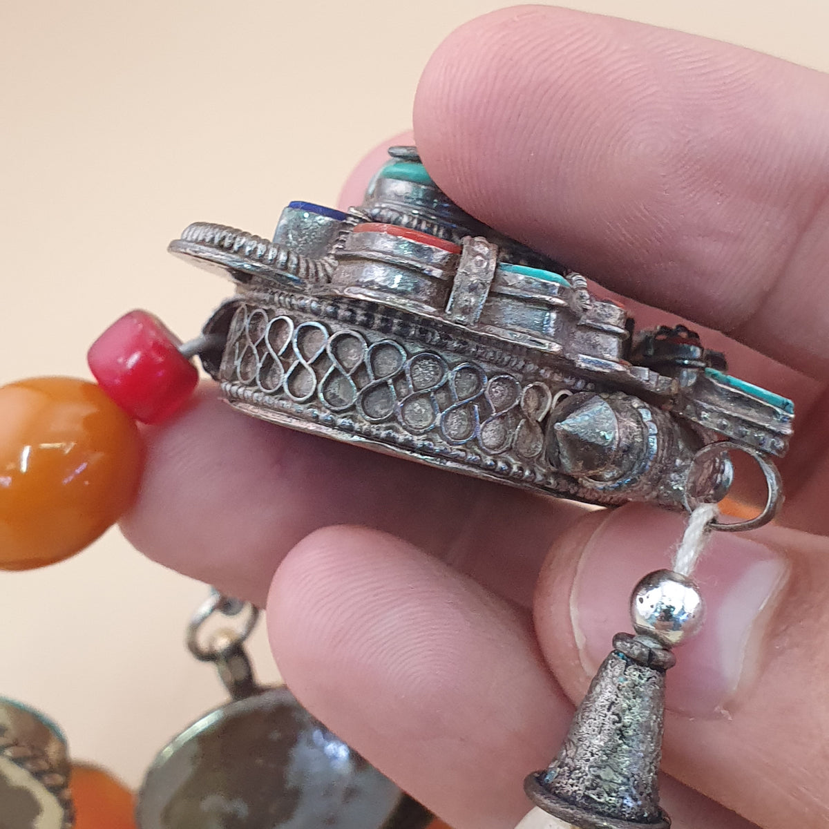 Antique Tibetan Style Turquoise & Carnelian Beads Necklace with SilverOld Face Design Pendant