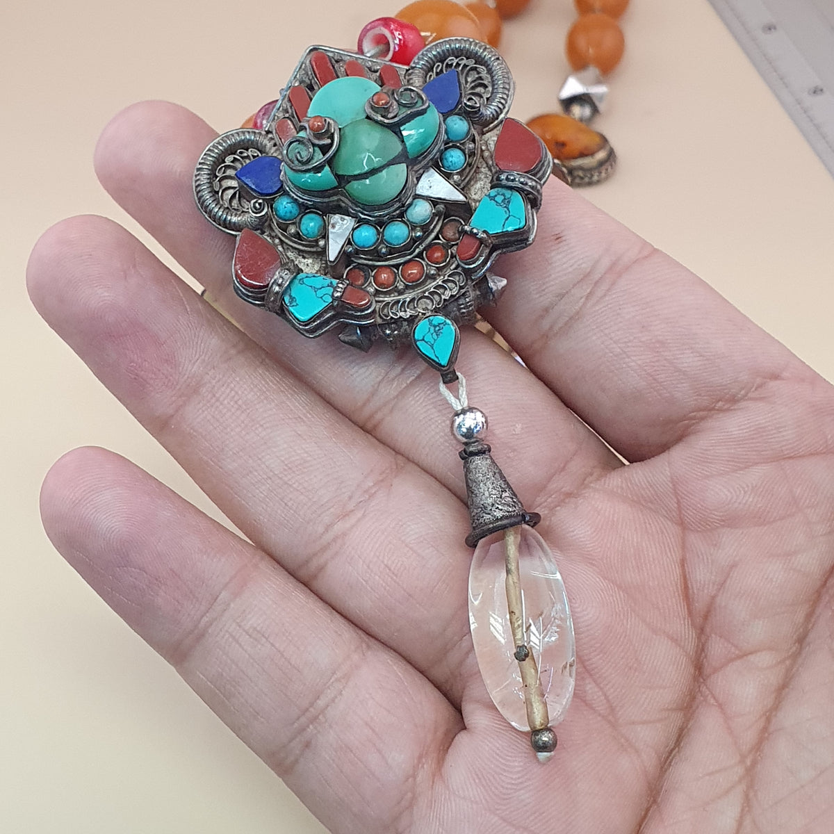 Antique Tibetan Style Turquoise & Carnelian Beads Necklace with SilverOld Face Design Pendant