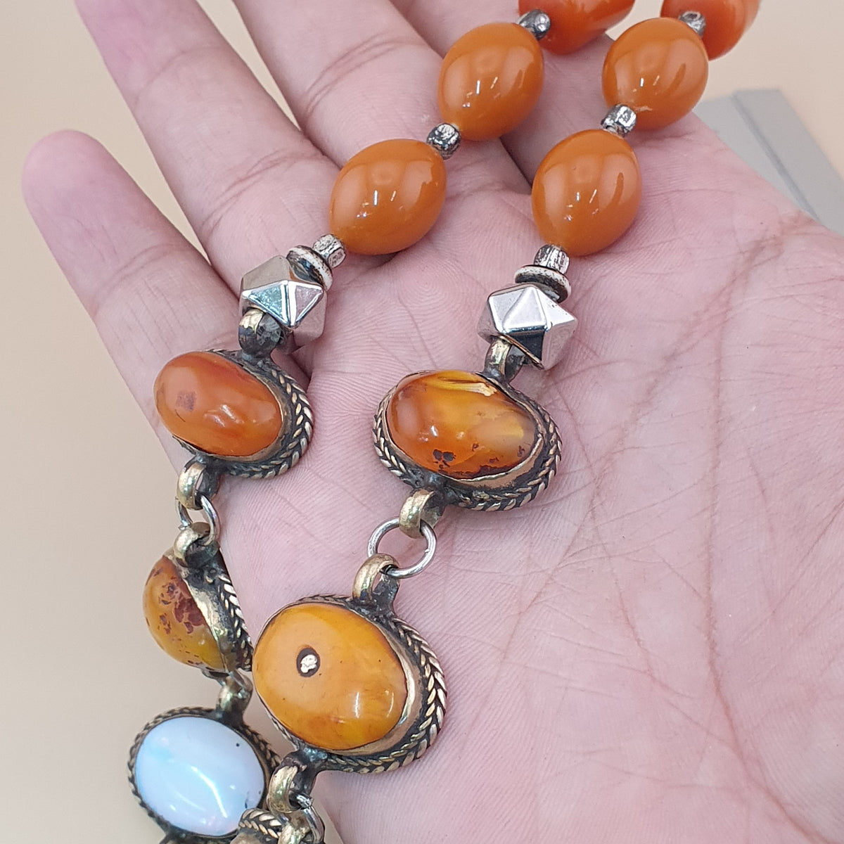 Antique Tibetan Style Turquoise & Carnelian Beads Necklace with SilverOld Face Design Pendant