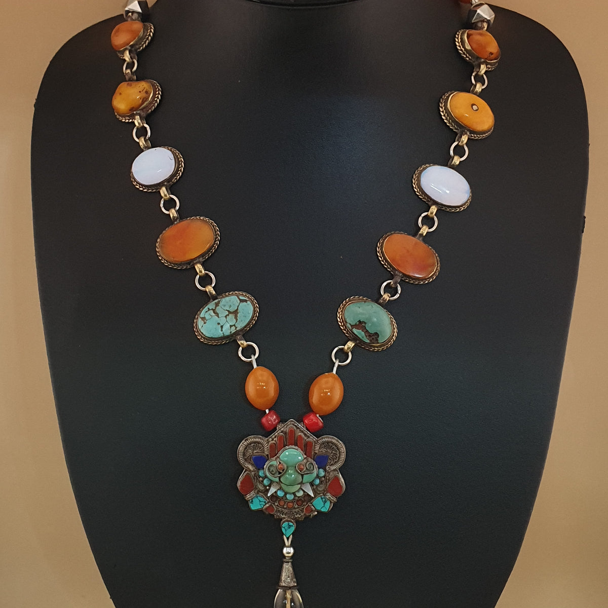 Antique Tibetan Style Turquoise & Carnelian Beads Necklace with SilverOld Face Design Pendant