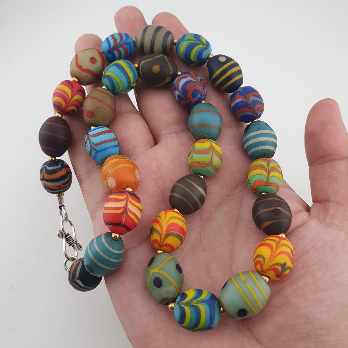 Vintage Venetian Style Feather Desgin & Eye Trade Glass Beads Necklace
