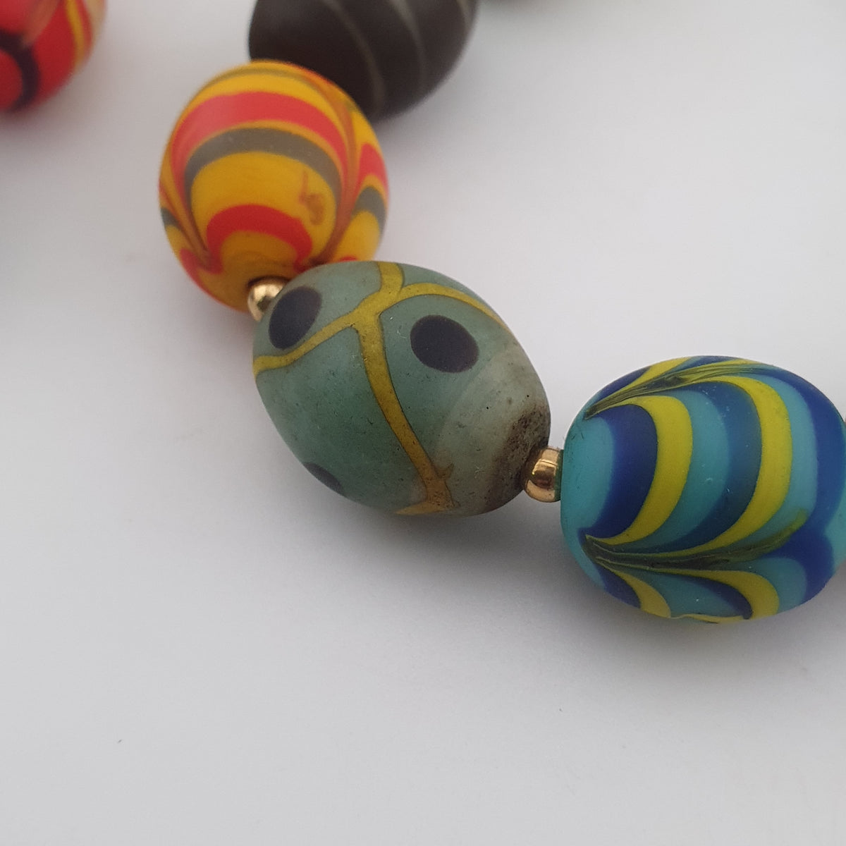 Vintage Venetian Style Feather Desgin & Eye Trade Glass Beads Necklace
