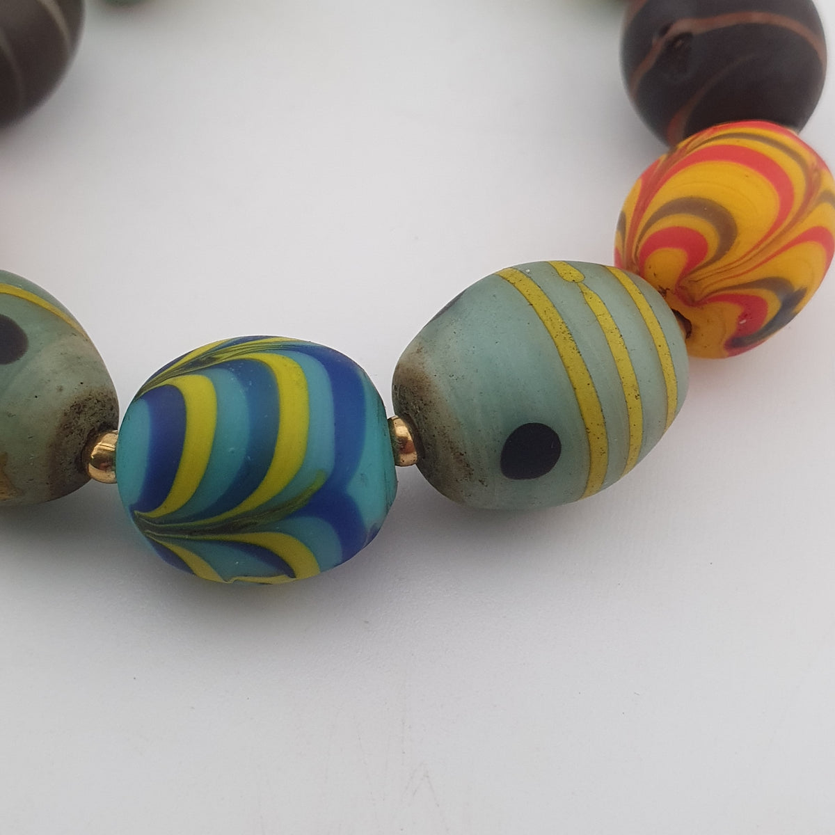 Vintage Venetian Style Feather Desgin & Eye Trade Glass Beads Necklace
