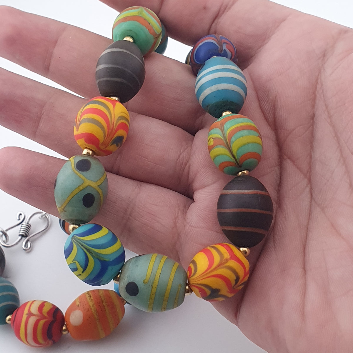 Vintage Venetian Style Feather Desgin & Eye Trade Glass Beads Necklace