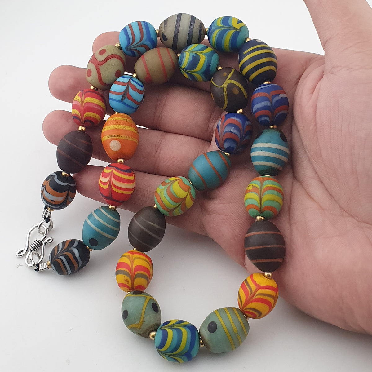 Vintage Venetian Style Feather Desgin & Eye Trade Glass Beads Necklace