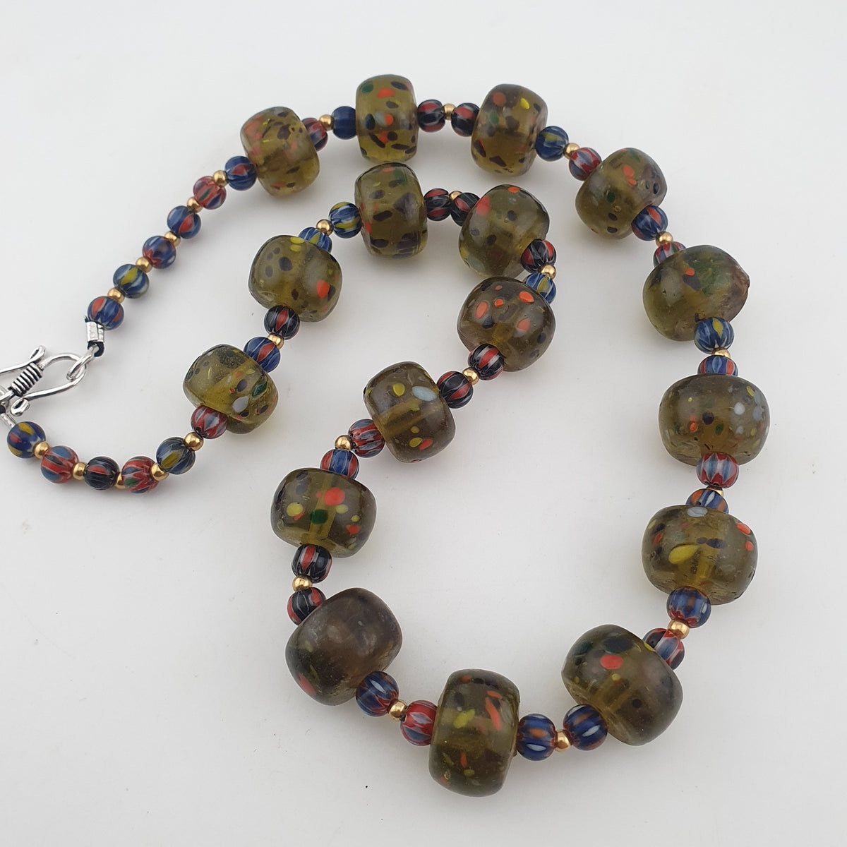 Vintage Venetian Style Aveneturine & Chevron Glass Beads Necklace