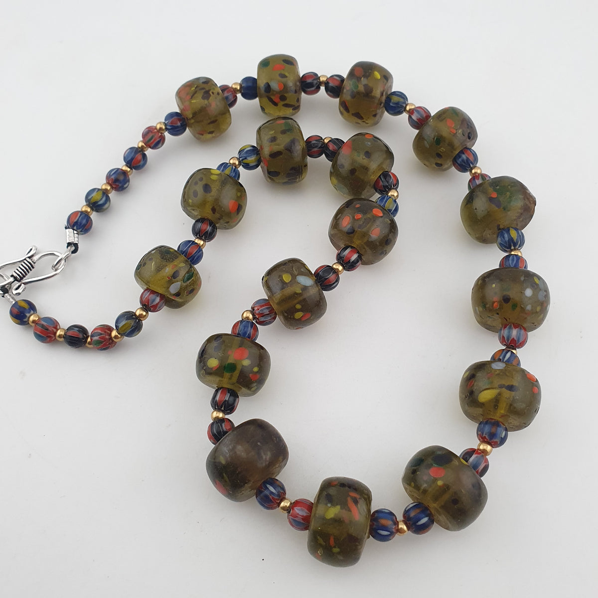 Vintage Venetian Style Aveneturine & Chevron Glass Beads Necklace